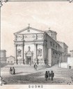 Il Duomo di San Marco è il massimo tempio cittadino, eretto a parrocchia nel 1278, quando il titolo fu trasferito dalla chiesa matrice di Torre, oggi frazione di Pordenone. Dal 1974 è stato elevato a concattedrale. Nel ‘400 fu ampliato con la grande abside poligonale finestrata fra le due minori, e dal 1593 con le sei cappelle laterali. Sulla facciata spicca l’elegante portale scolpito nel 1511 dal Pilacorte. La stampa presenta l’edificio cultuale con la ristrutturazione ideata dall’architetto Francesco Lazzari: del progetto, interrotto nel 1840, furono eseguite solo le quattro semicolonne apoggiate alla facciata. L’interno serba manufatti di pregio della sua storia secolare, sculture lapidee e lignee, affreschi a partire dal ‘300, dipinti cinquecenteschi del Pordenone, Amalteo, Calderari e Fogolino. L’attuale organo, opera di Pietro Nacchini, in origine, come pure anche la cantoria dei Rizzani, era stato costruito per la chiesa dei Domenicani, poi delle Agostiniane soppressa e demolita agli inizi del XIX secolo. Fu trasferito in duomo ai primi dell’800.